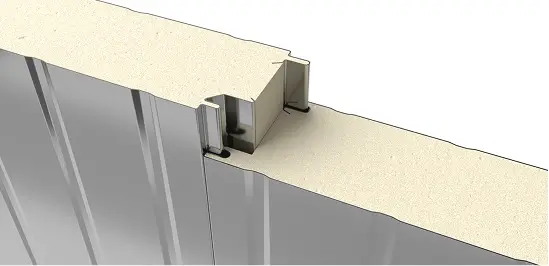 Close-up of PermaCore PHF insulated metal panel with Shadowline profile, smooth, stainless steel finish