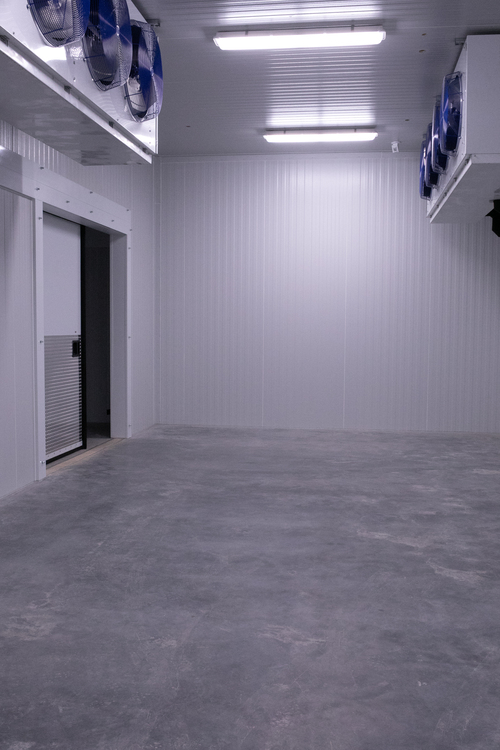 Interior view of an industrial cold storage room with white metal wall panels, concrete flooring, ceiling lights, and refrigeration units.
